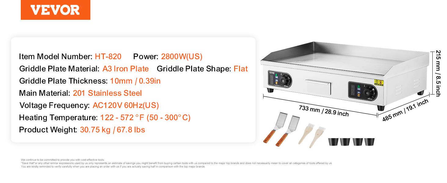 VEVOR 30" Commercial Electric Griddle 3000W Electric Countertop Griddle Non-Stick Restaurant 110V Teppanyaki Flat Top Grill Stainless Steel Adjustable Temperature Control 122 ° F-572 ° F (NO PLUG)