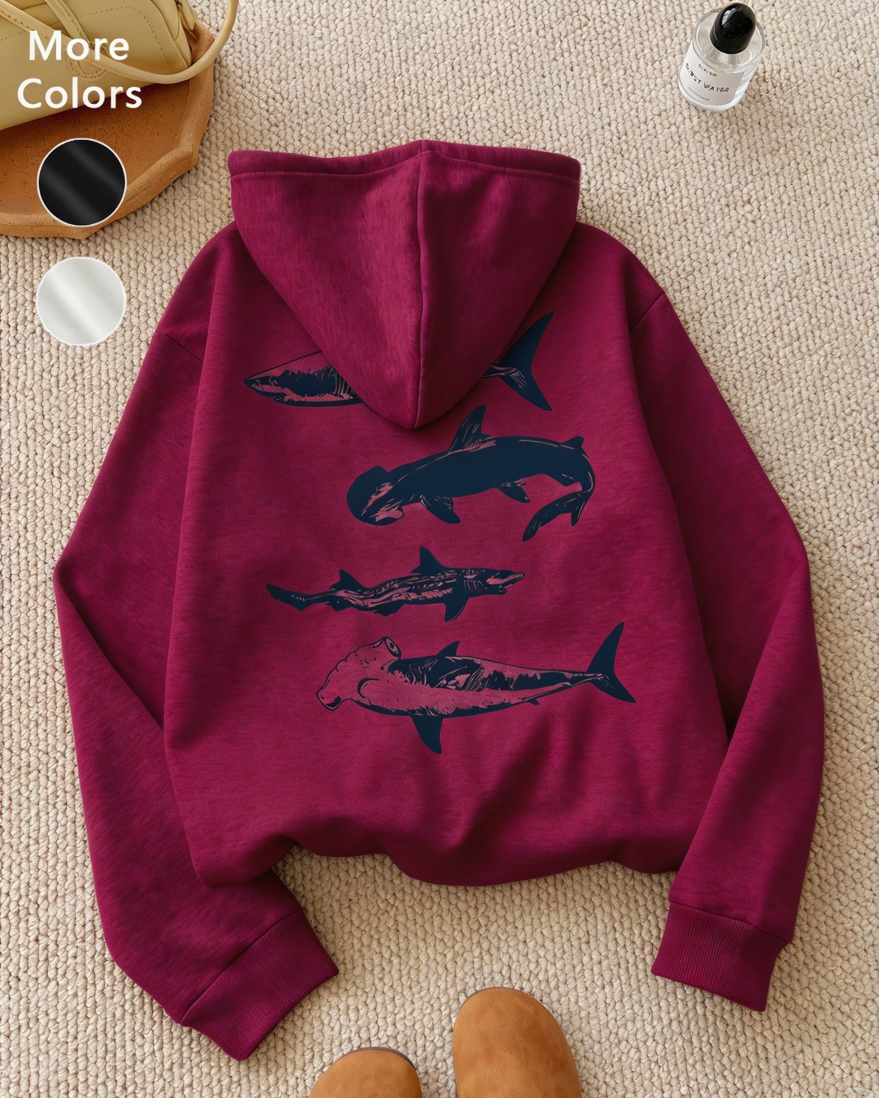Women's Wool Aesthetic Hoodie, Loose Long-Sleeve Pullover for Autumn and Winter, Shark Print Casual Daily Wear, Unisex Fashion Top