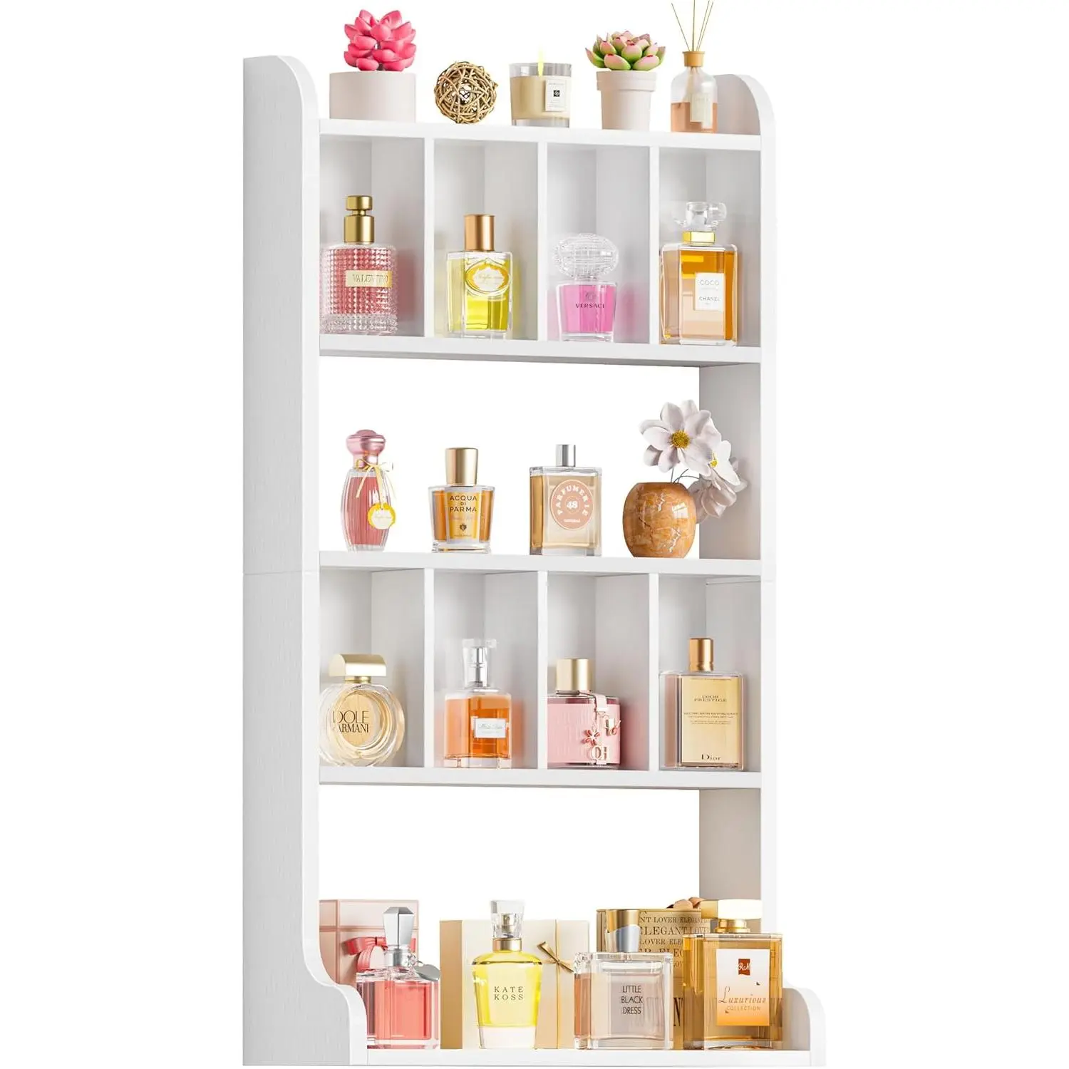Perfume Organizer Wall Mount & Large Cologne Display Case - Wooden Multi-Tier Trinket Shelf for Fragrances, Collectibles, Figures, Miniatures,  and Shot Glasses, White