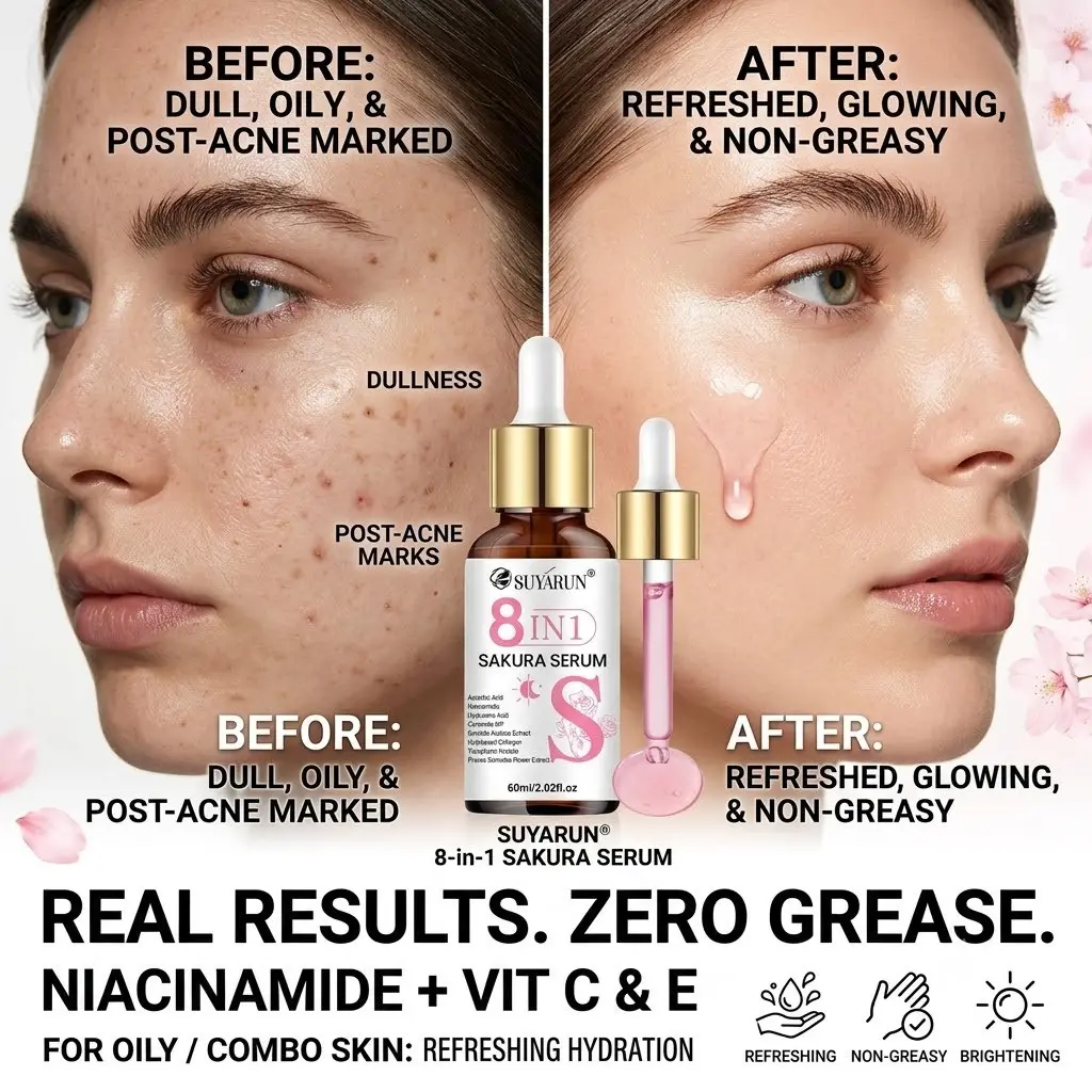 SUYARUN 8 in 1 Sakura Face Serum 60ml | Niacinamide, Vitamin C & E, Centella Asiatica | Non-Greasy Moisturizing & Skin Tightening Essence