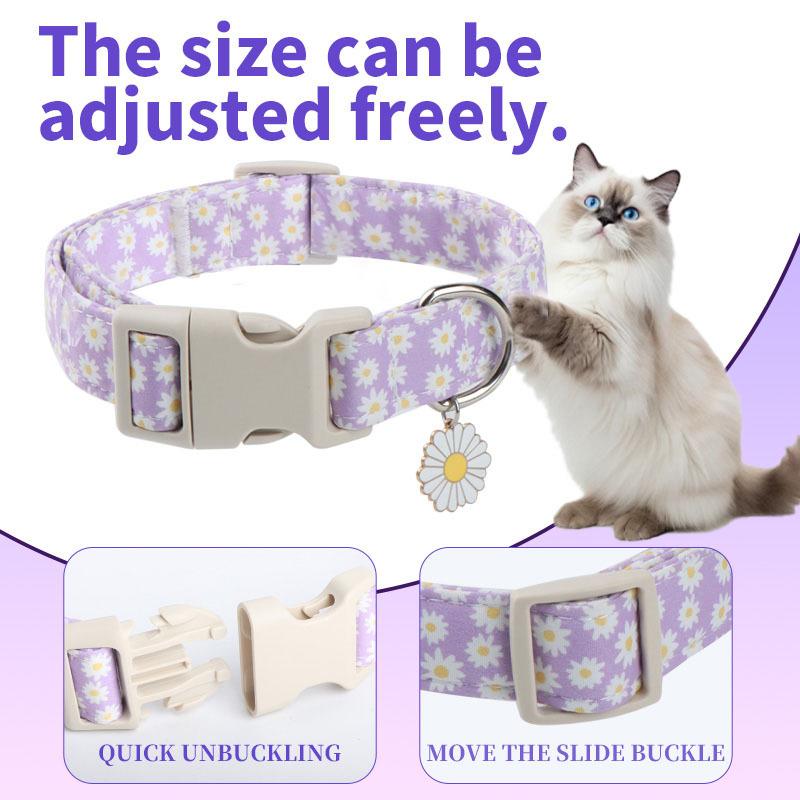 Cat & Dog Collar, Purple Daisy Print Adjustable Pet Collar with Quick Release Buckle, Soft Comfortable Durable No Smell Collar for Small Medium Dogs Cats, Cute Floral Pet Neck Accessory with Daisy Charm