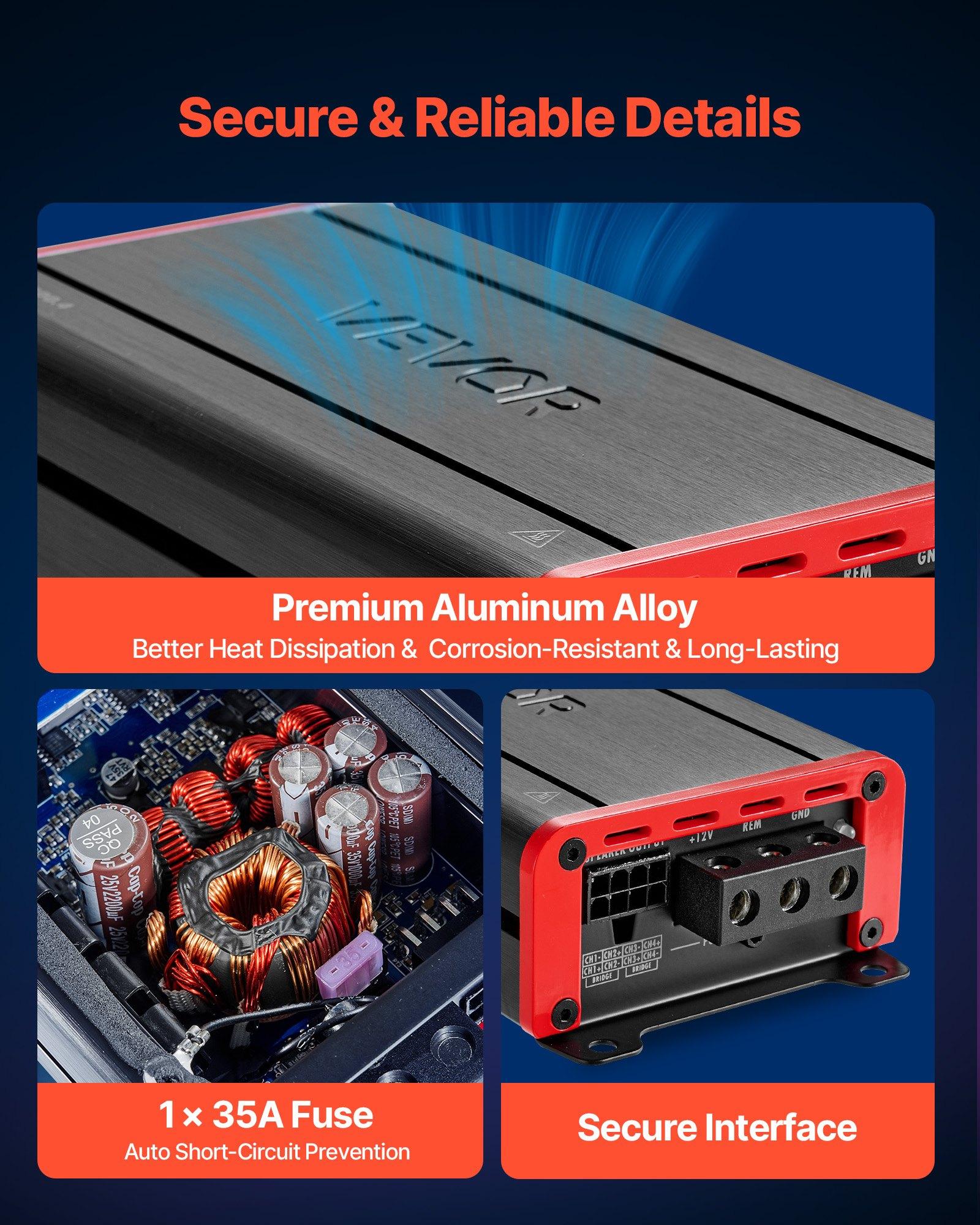 VEVOR 4 Channel Car Audio Amplifier 2 Ohm Stable Bridgeable Class D Full Range Amp Max Power 4 x 120W @ 4 Ohm / 4 x 200W @ 2 Ohm for Car SUV Truck Off-Road