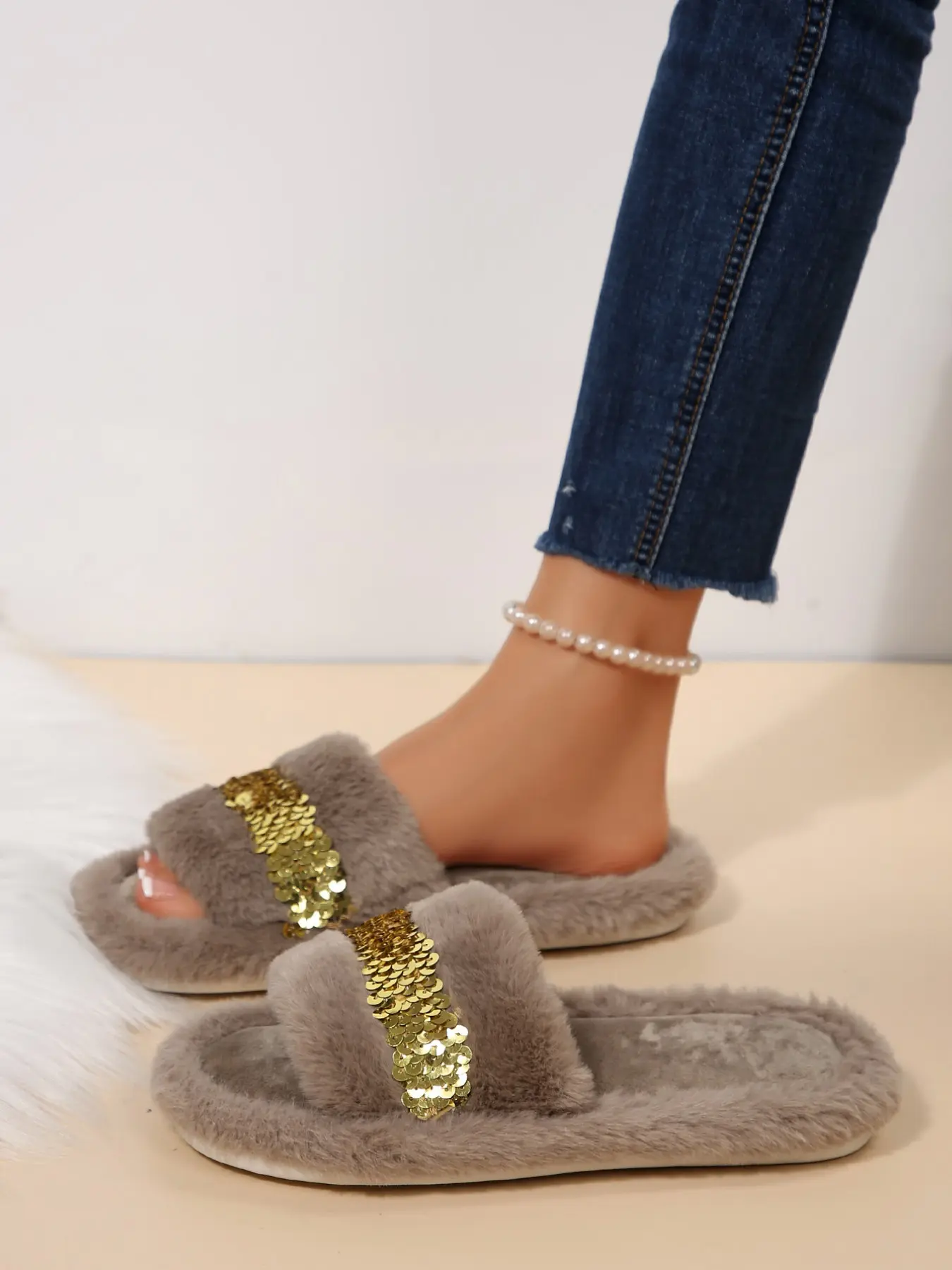 Gradient Gold Sequin Wide Strap Plush Slippers, Soft Fluffy Open-Toe Luxury Women's Warm Home Cotton Slippers, All Seasons Comfortable Footwear