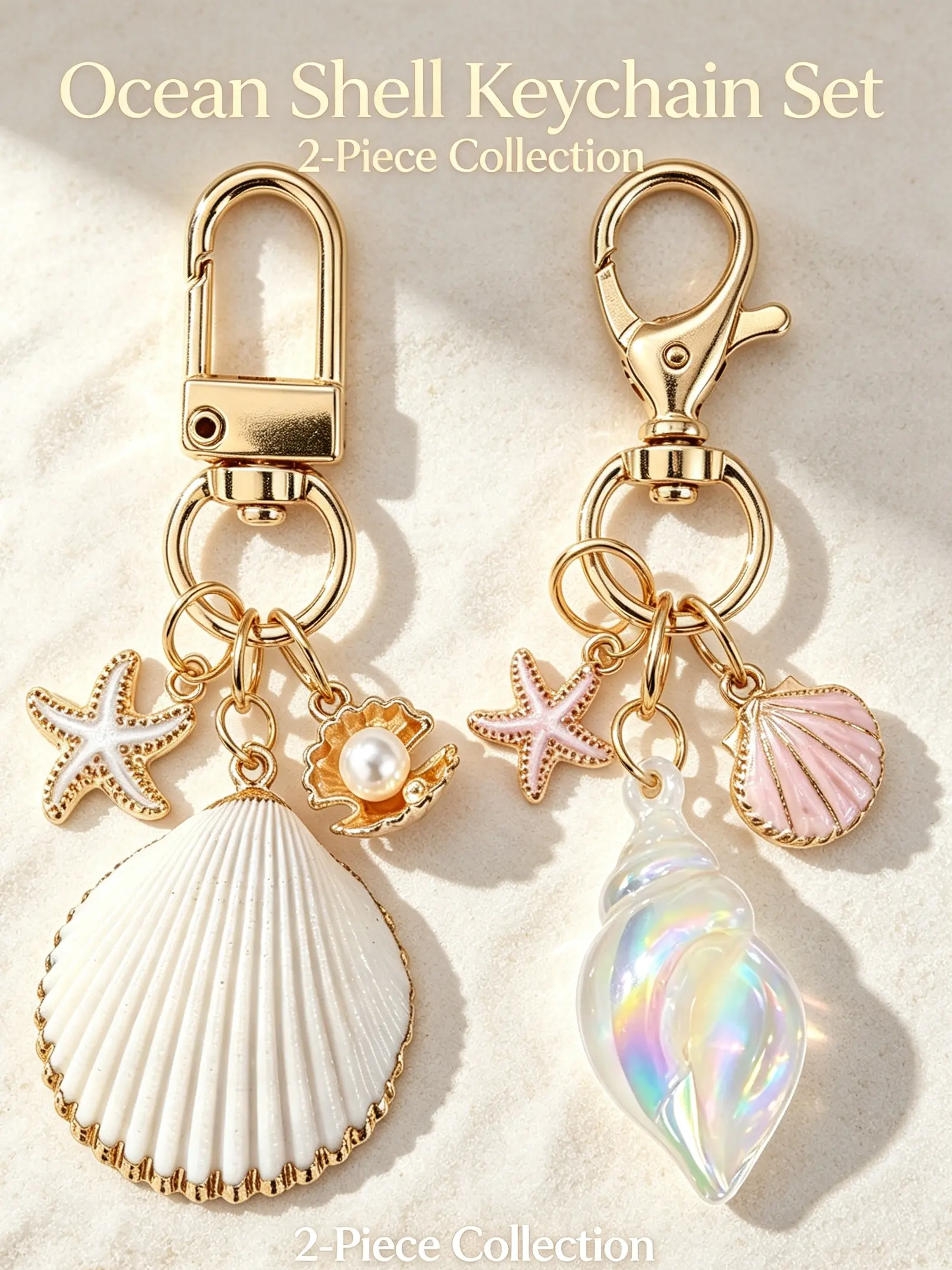 2Pcs Coastal Shell Keychain Set, Starfish Seashell Pearl Bag Charms, Ocean Beach Aesthetic Gold Key Accessories, Cute Handbag Pendant Gift For Women Girls