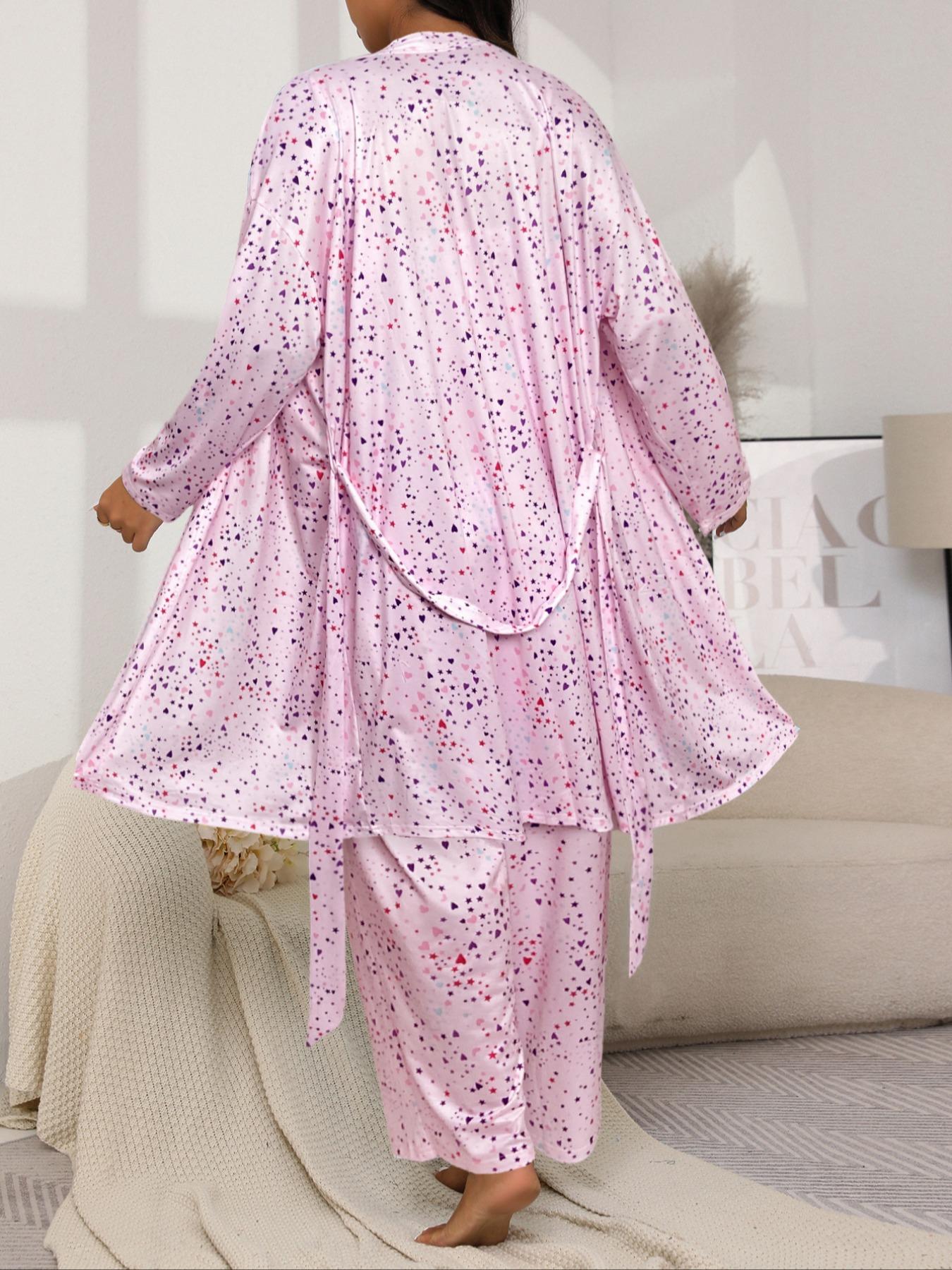 Plus Size Heart Star Polka Dot Print Strap Pants & Long Sleeve Robe Set, Casual Home Wear, Spring & Fall Sleepwear, Comfortable Fit