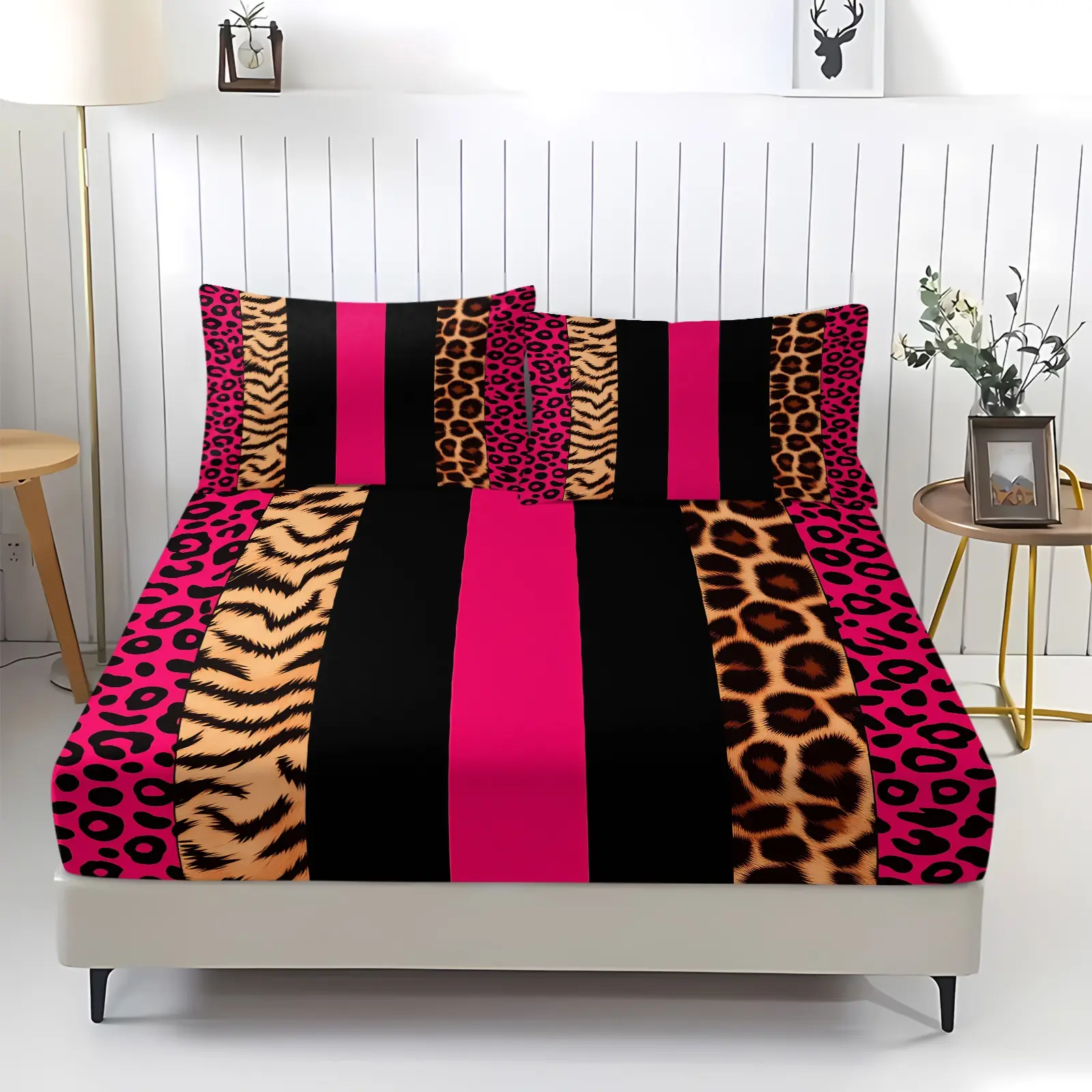 Hot Pink Black Tiger Leopard Stripe Print Fitted Sheet Set 3 Piece, 1 Fitted Sheet & 2 Pillowcase, Soft Anti-Pilling Fabric Bed Set , Color Block Hot Pink Animal Print Bedding, Y2K Cool Girls Bedroom Decor, Street Fashion Lover Gift