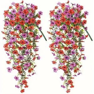 2PCS Artificial Flowers with Daisies & Eucalyptus, for/Summer Decorations, Doors, porches, pots, Gardens, Mother's & Children's Day (Red & Purple)