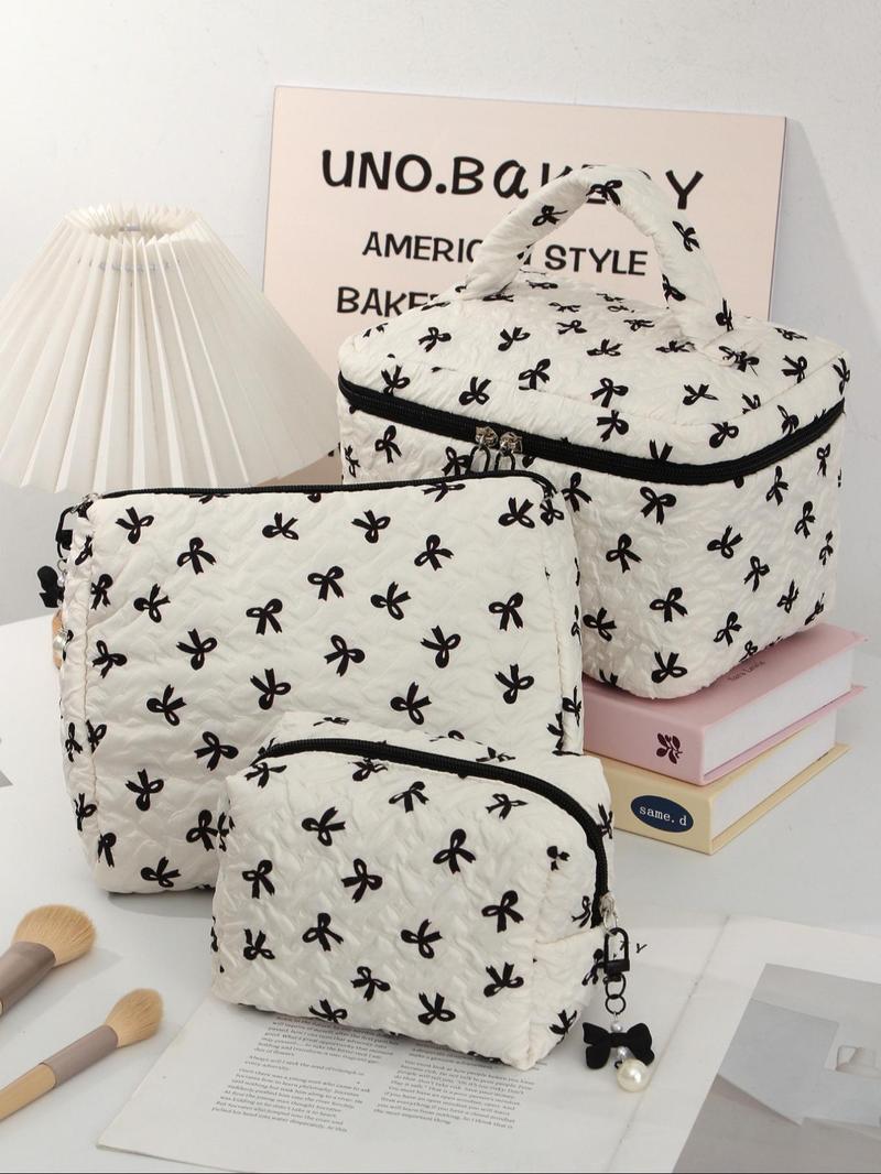 Bow Pattern Makeup Bag Set, Multi-functional Makeup Storage Handbag, Portable Zipper Makeup Bag, Travel Toiletry Bag, Cosmetic Pouch, Makeup Container Set