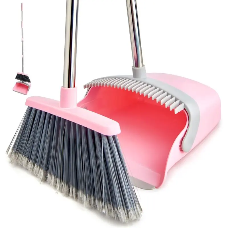 51 Inch Long‑Handle Broom & Dustpan Combo, Gray Pink Household Cleaning Set, Dust Sweeping Kit for Pet Hair, Kitchen, Office, Classroom & Apartment