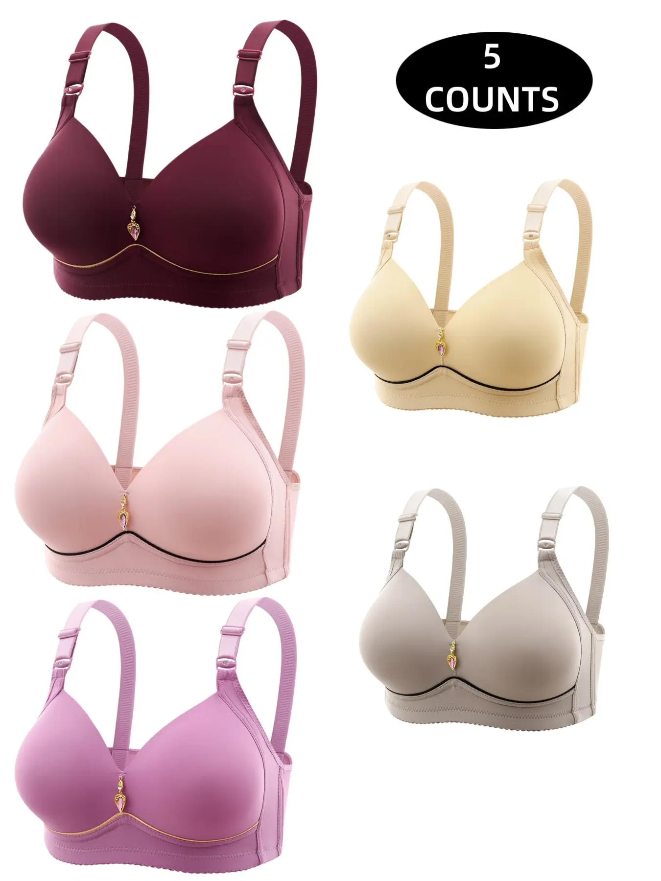 5-Pack Women's Lace Wireless Push-Up Bras, Seamless Comfort Fit, Daily Wear Underwire-Free Bra, Breathable Soft Fabric, Full Day Support