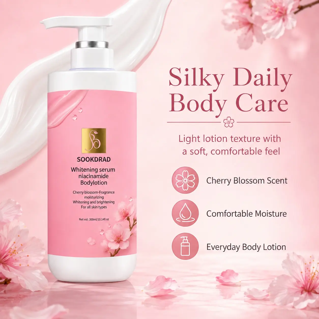 Body Lotion, Niacinamide, Cherry Blossom Fragrance, Moisturizing, Whitening, Brightening, For All Skin Types, 10.14fl oz, 300ml