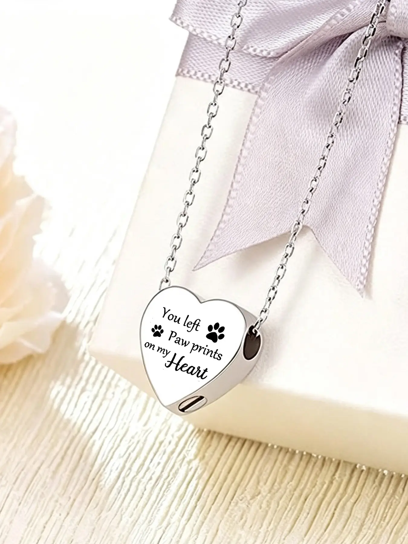1 Pcs Pet Cremation Jewelry for Ashes Urn Necklace with Paw Print Heart, Pet Dog Necklace Stainless Steel Pendant  Silver Urn Locket with Funnel Kit for Dog Cat Ashes
