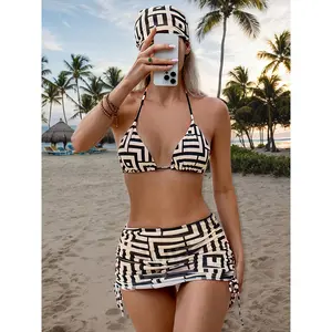 Print Strappy Triangle Bra, Swim Briefs, Cover-Up Skirt, and Headband Bikini Set, 4pcs Beach Swimwear