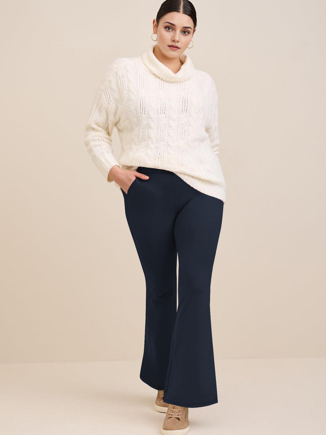 【 Plus Size】 Solid High Waist Flare Leg Pants, Casual Fashion Pants, Casual Comfy Pocket Design Bell Bottom Pants for Daily Wear, Women's Bottoms for All Seasons