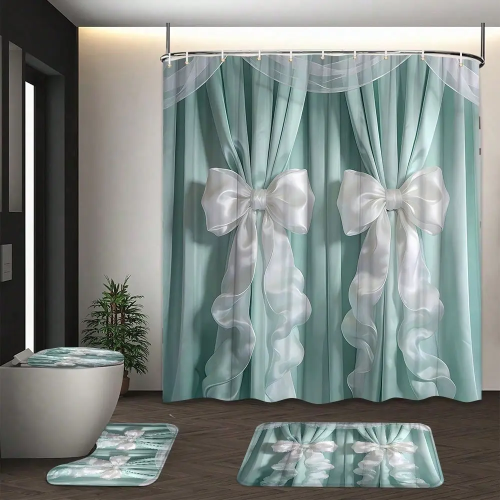 1pc/4pcs Mint Green Bathroom Decor Set, Home Decor Bathroom Shower Curtain With 12 Hooks, Bath Mat, U-Shaped Floor Mat, And Round Toilet Lid Cover - Complete Bathroom Set For All Scenarios