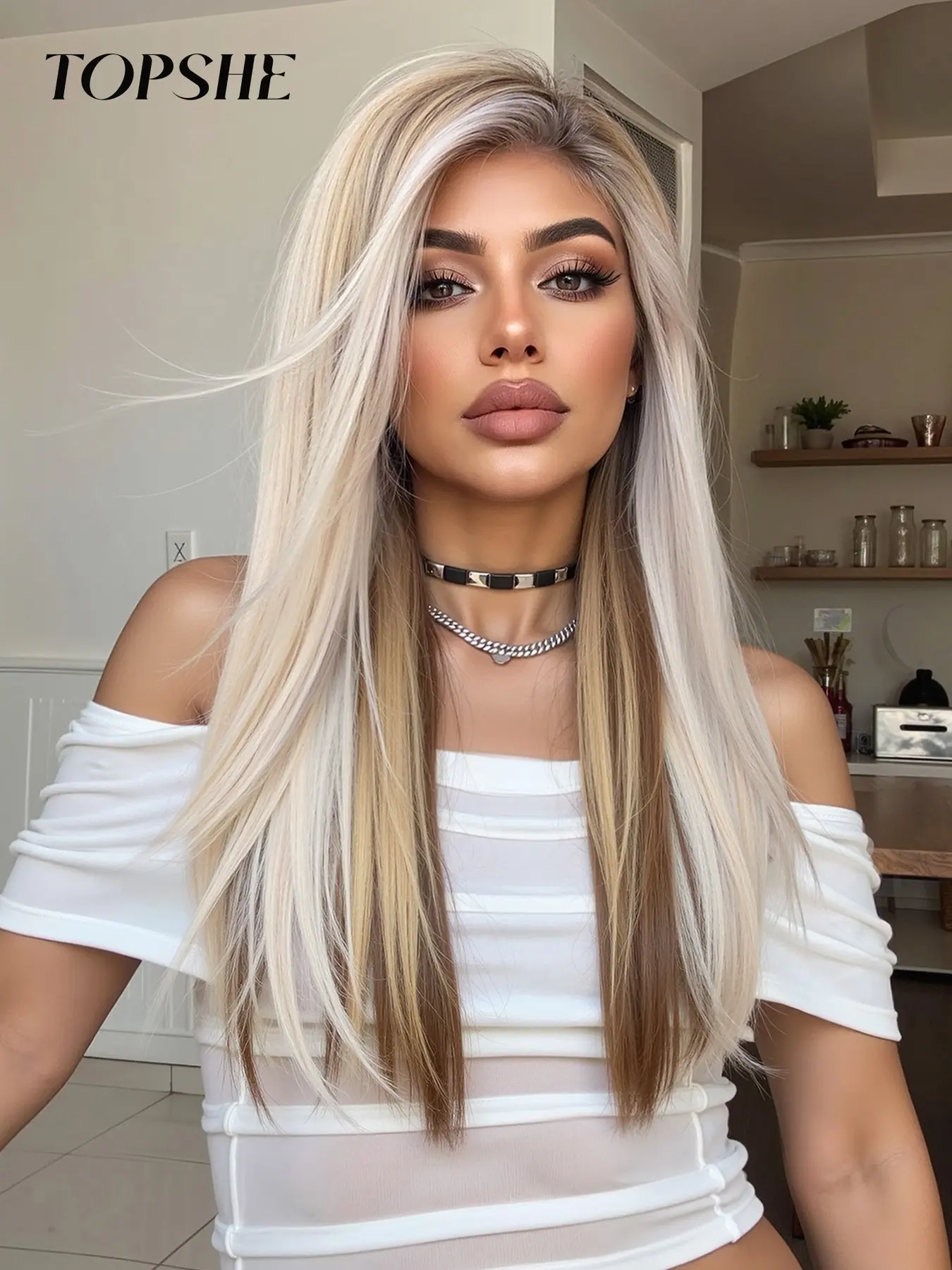 Topshe Synthetic Lace Front Wig, Hemp Cold Center Part Long Straight Hair, 24 Inches, Natural Hairline, No Glue, Women's Casual Style