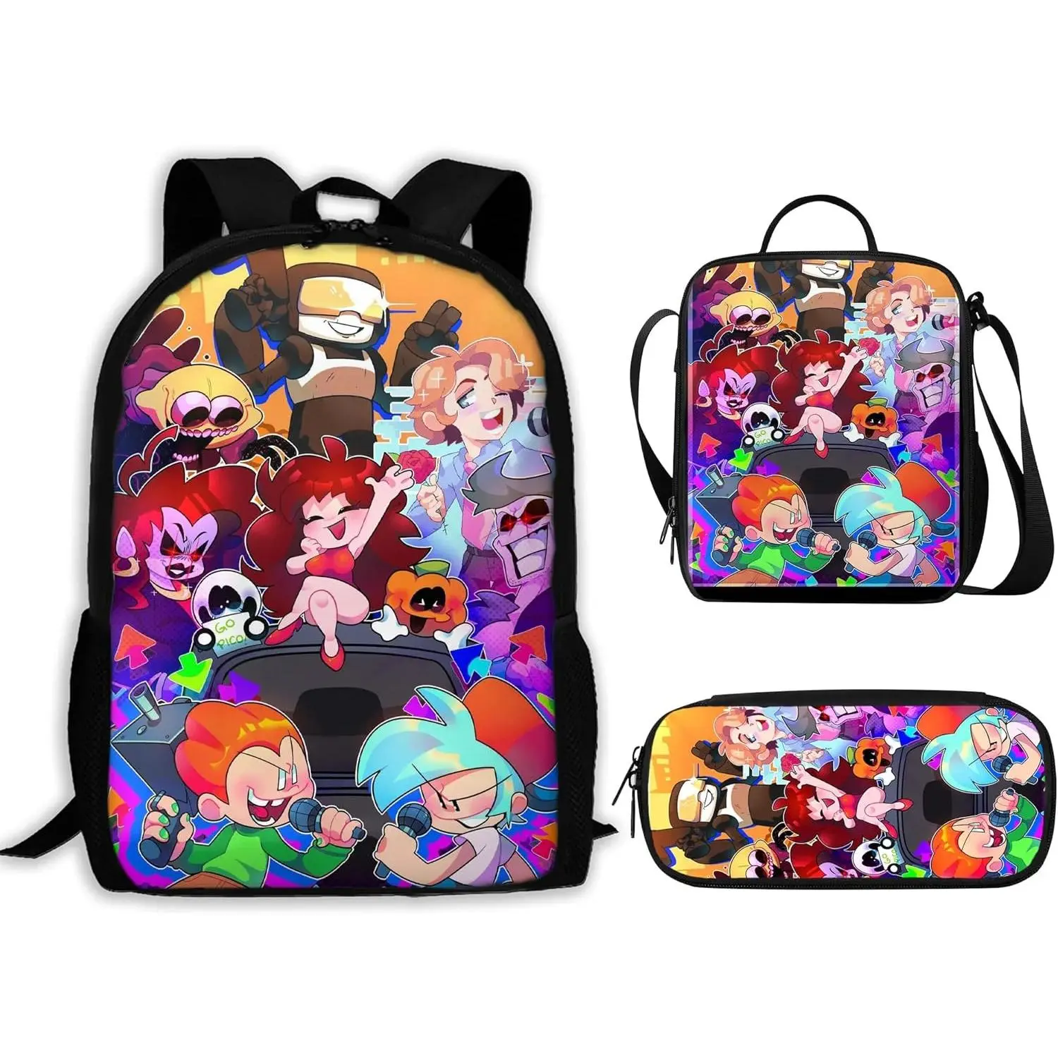 Casual 3-Piece Backpack Set, Friday Night Funkin Print Synthetic Oxford Cloth School Bag with Anti-Theft Pocket, Insulated Lunch Box & Adjustable Straps, Foldable, Built-In Organizer, Adjustable Strap, Dustproof