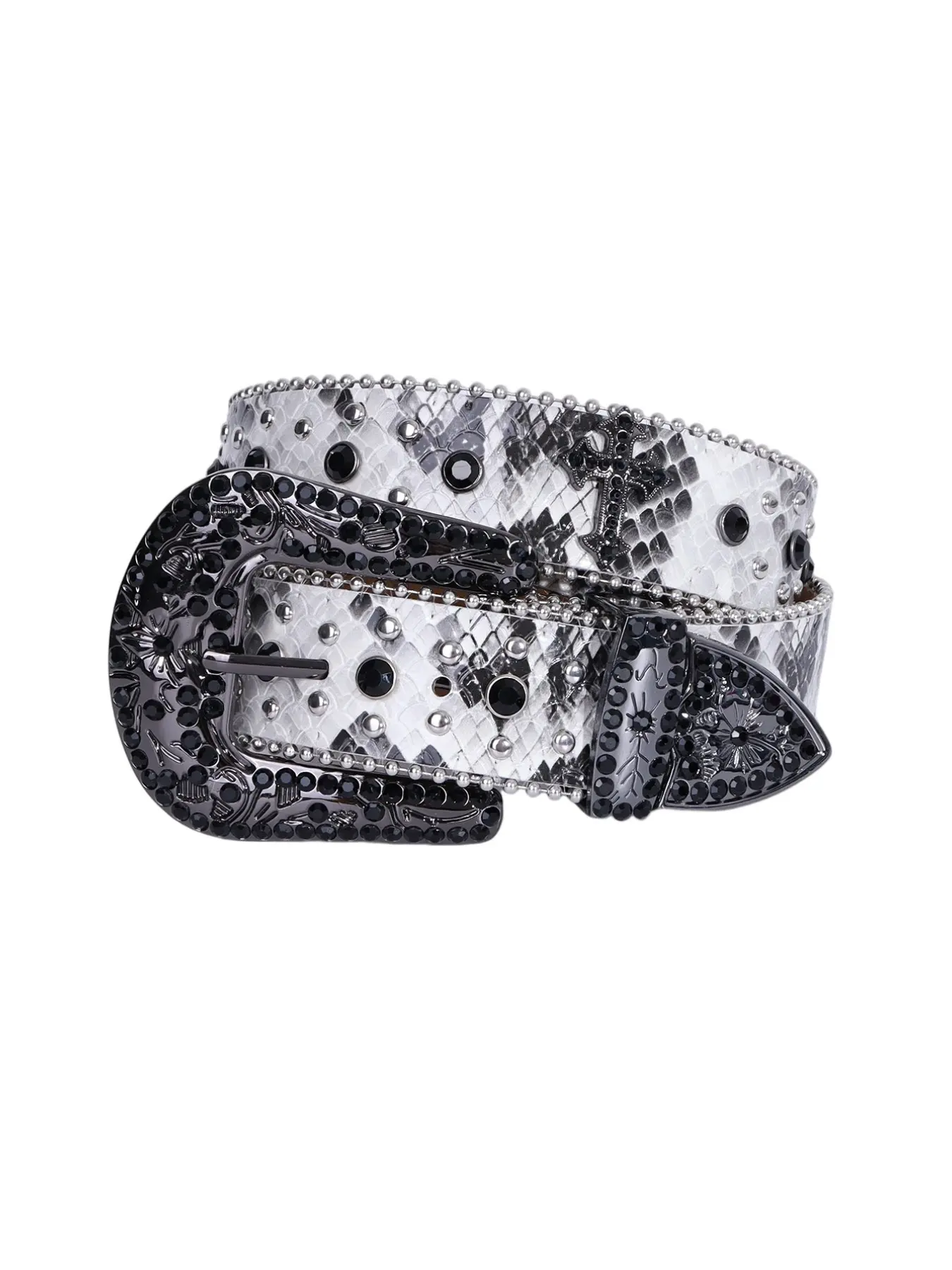 Monochrome Snake Skin Studded Cross Belt, Snakeskin Print, Gothic Y2K Punk Style, Unisex Bling Belt for Jeans, Music Festival, Rhinestone Belt