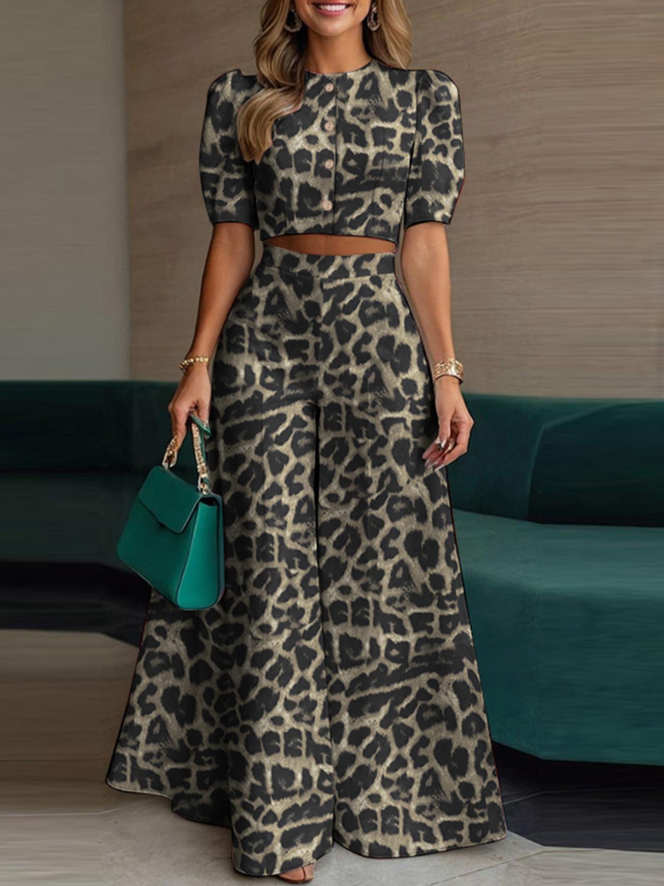 Two-Piece Set Women's Plain Woven Cropped Top & Elastic Waist Wide Leg Pants, Elegant Fashion Top & High Waist Trousers for Daily Wear, Womenswear for Summer