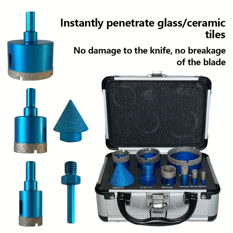 A 9-piece set of diamond hole-saw bits, including chamfering bits and a 5/8-11 interface converter; a variety of diamond drilling tools packaged in an aluminum storage box. High-quality Penetrating diamond hole-saws designed for materials such as glass