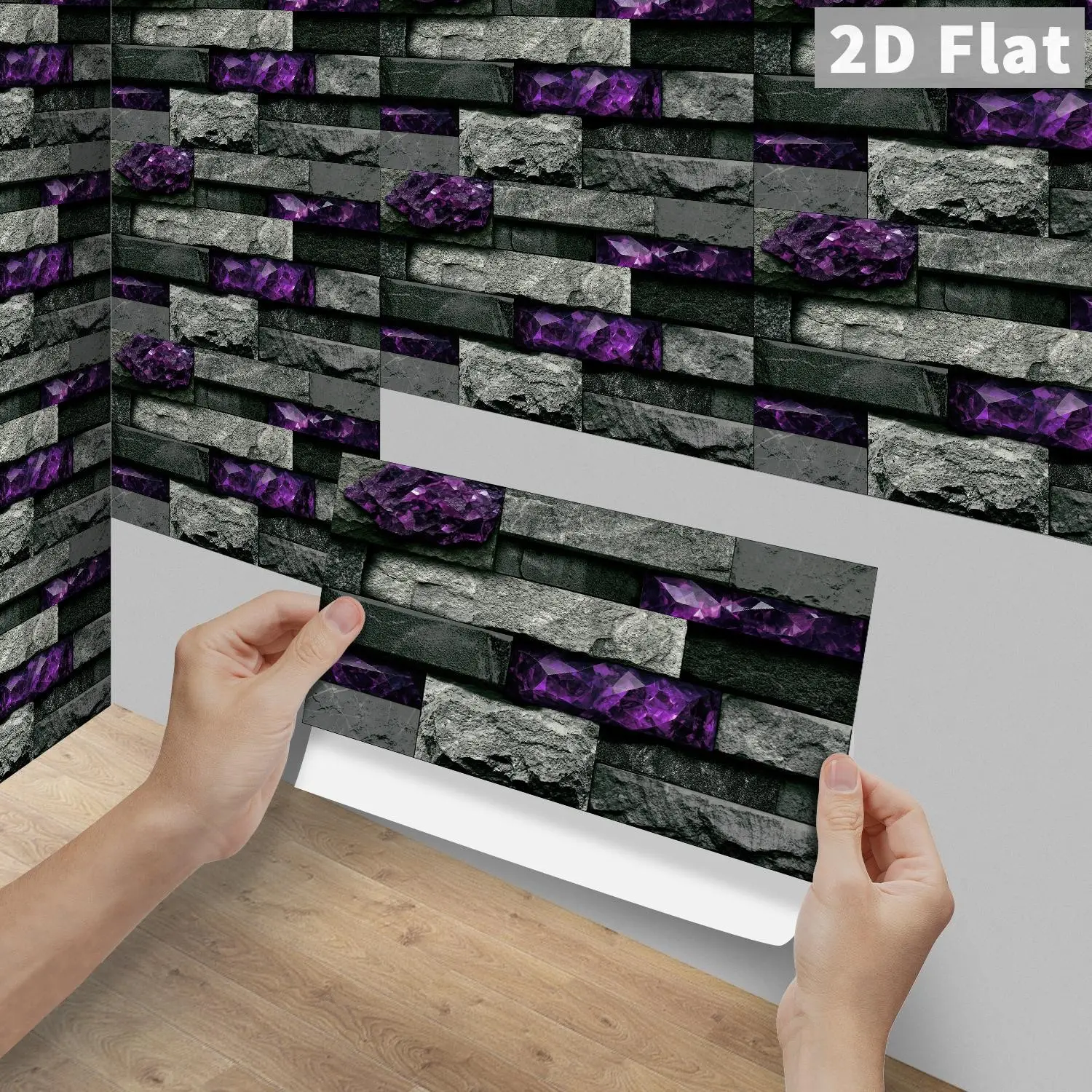 6/12/24/48PCS FG Crystal PVC Peel & Stick Wall Tiles, Vintage Grey Black Amethyst Crystal Culture Stone Long Strip Backsplash, Waterproof Oil-Proof Self-Adhesive Rectangle Decals For Kitchen, Bathroom, Old Tiles & Wood Panels Home Decor