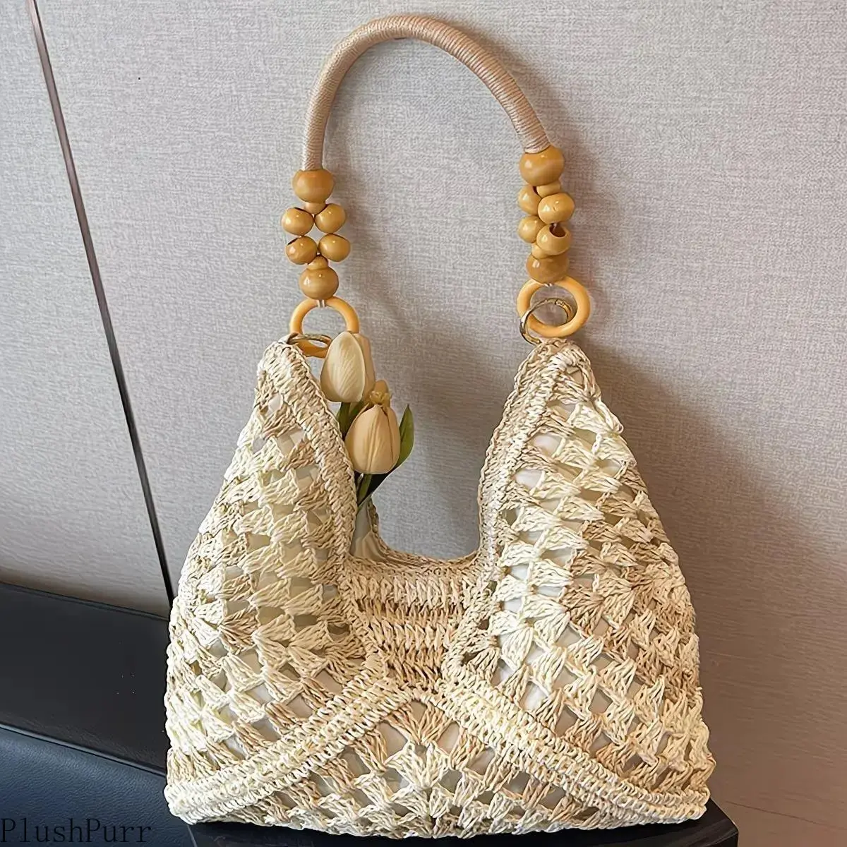 Handmade Crochet Straw Tote Bag for Women, Woven Shoulder and Crossbody Purses with Zipper, Girly Feminine Summer Beach Accessories, Gifts for Women, Accessories For Women