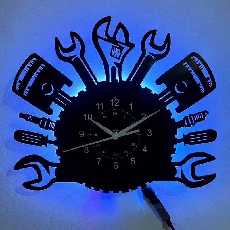 LED Vinyl Record Wall Clock, Decorative Wall Clock, Mechanic Auto Repair Tools Piston Wrench Silhouette Silent Non-Ticking Quartz Wall Watch, Vintage Vinyl Decor, Wall Decorations for Garage Workshop Home, Man Cave Decor, Christmas Gift