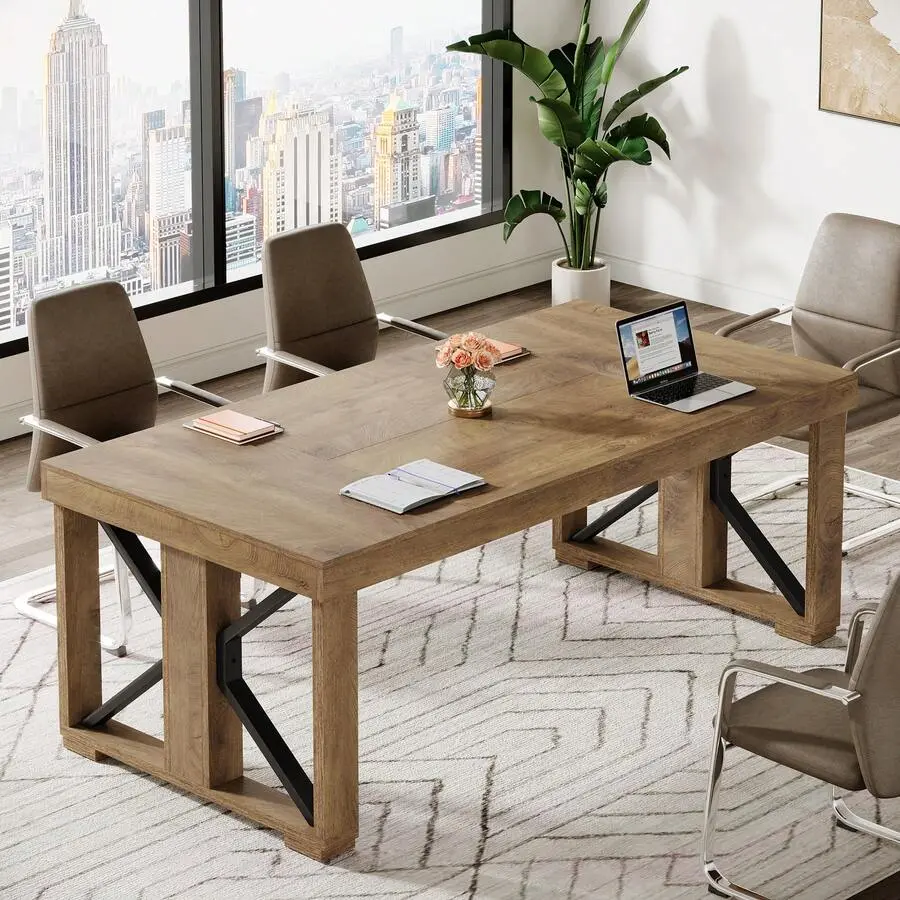 5.9 Ft Conference Table 6-8, 70.87" Rectangle Meeting Table With Strong Double Pedestal, Large Business Seminar Desk Office