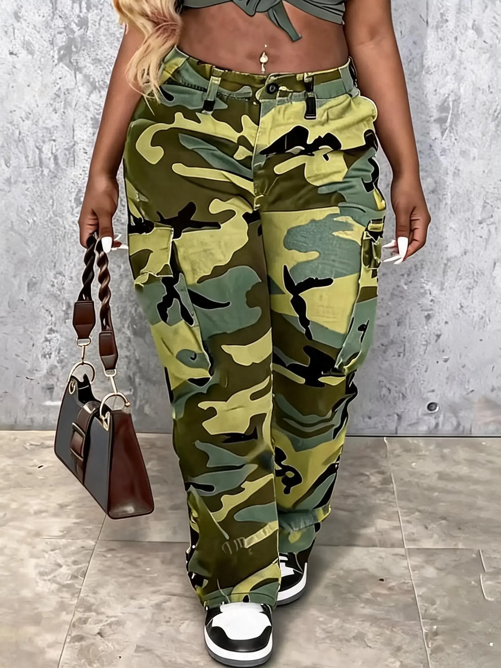 Women's Multi-Pocket Button Straight Fitted Cargo Pants, Camo printed pants, Y2K Fashion Casual Camouflage Design, Practical Without Stretch All Seasons Outdoor Wear