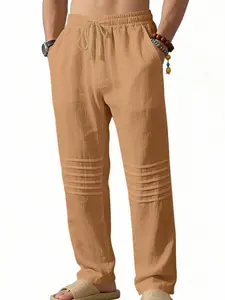 Men's Linen Texture Casual Long Pants, Drawstring Waist, Straight Leg, Loose Fit, Breathable, Wrinkle Resistant, Vacation Style