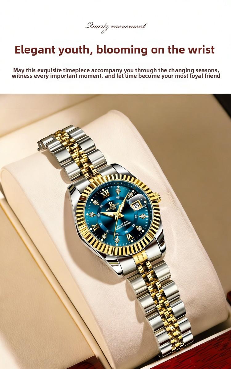 Elegant Women's Luxury Blue Dial Quartz Watch - Two-Tone Gold Silver Stainless Steel Wristwatch with Date, Sparkling Crystal Markers, Roman Numerals, Stylish Dress Watch for Ladies, Perfect Gift for Wife Girlfriend Mom