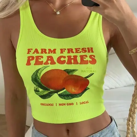 Women's Letter & Fruits Print Cherry Lightweight Crop Tank Top, Casual Scoop Neck Sleeveless Top, Sleeveless Crop Tops for Daily Wear, Ladies Clothes for All Seasons, Womenswear