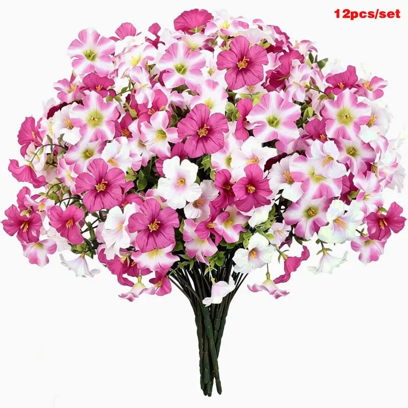 12pcs Bendable Artificial Morning Glory Bouquet, Detachable and Shapable Fake Flowers, Ideal for DIY Full Bloom Hanging Basket and Garden Decor