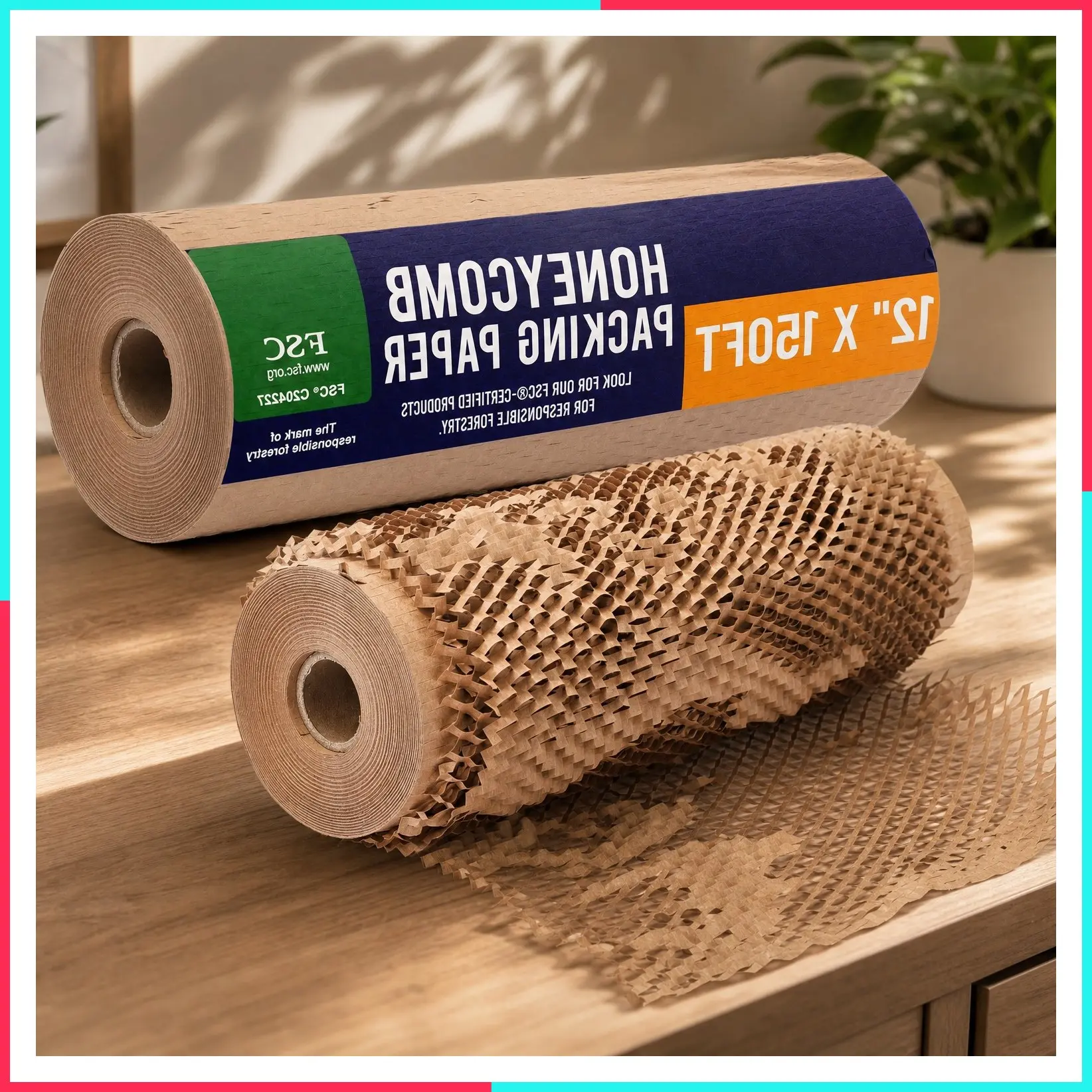 Honeycomb Packing Paper for Moving 12" x 150ft with Rope & Fragile Stickers | Eco-Friendly Shipping Wrap for Packing Dishes | FSC C204227 Certified Packing Material