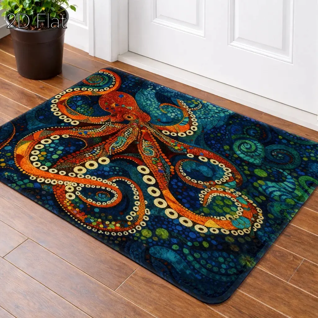 Flannel Floor Mat, 2D flat fantasy octopus pattern floor mat, durable, stain-resistant, machine washable, universal foot mat, entrance mat, front door mat, doorway mat, kitchen mat, bedside mat, suitable for living room, bedroom, office, indoor bathroom,