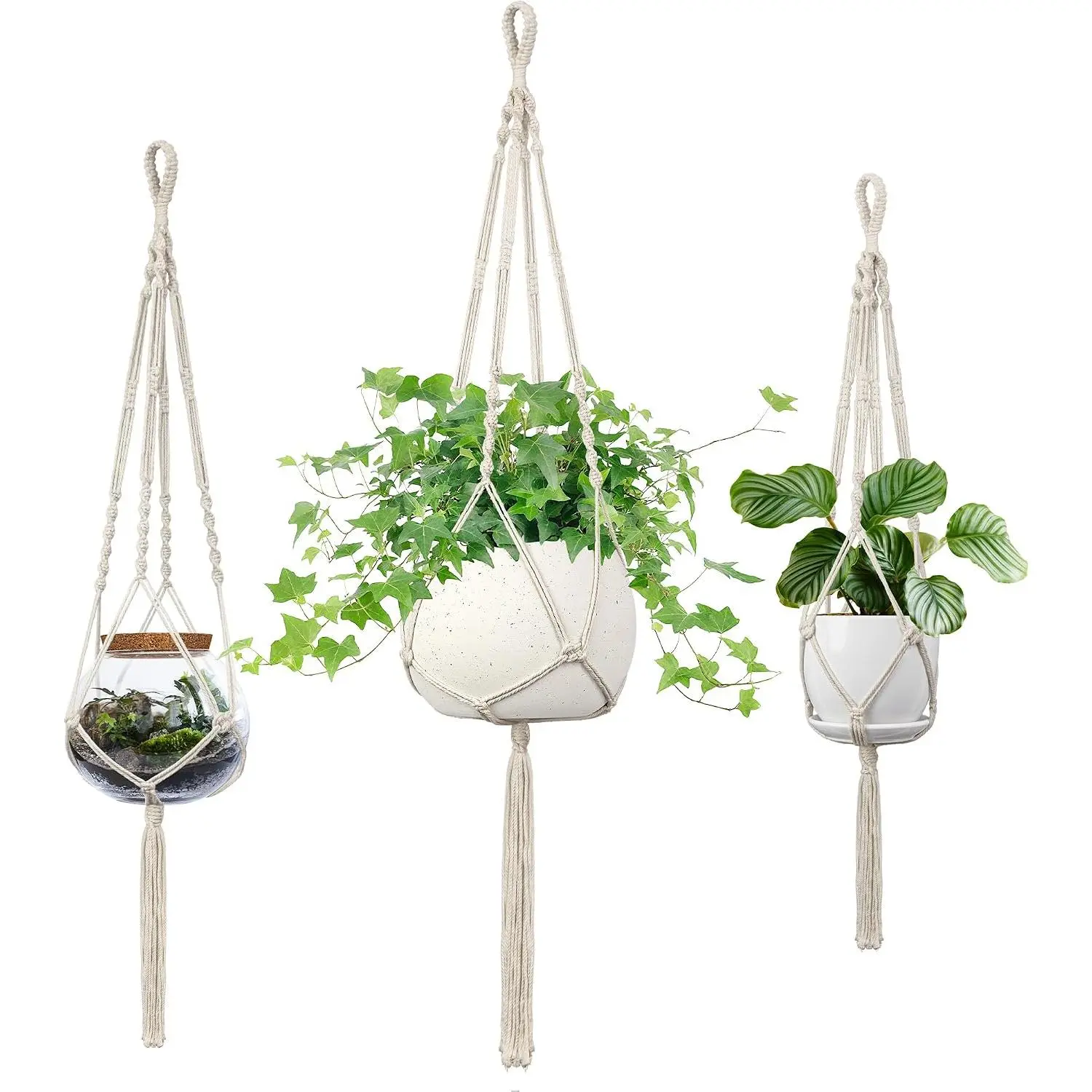 Boho Macrame Hanging Hanger Set - 3 Sizes (34"/41"/46"), Fits 4-13 Inch Pots, 22lb Capacity, Ceiling/Wall Mount, Boho Home Decor Planter Holder for Plant Lovers (Indoor/Outdoor Rope with Tassels)