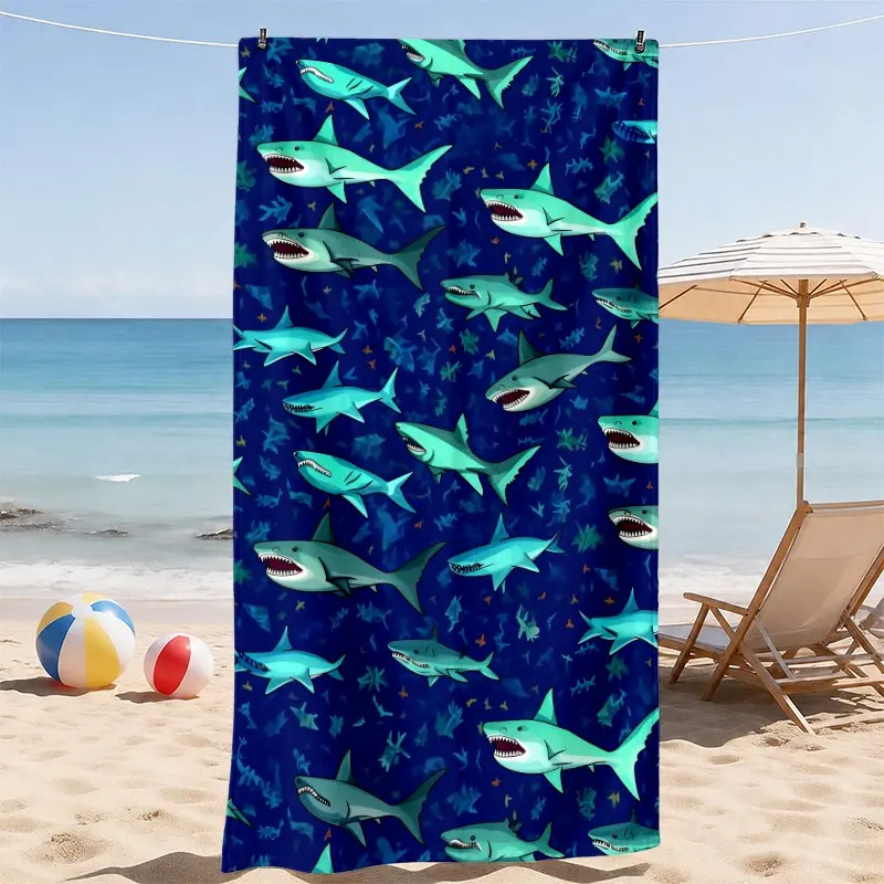 1pc Cartoon Shark Beach Towel, Ocean Animal Pattern Soft Absorbent Lightweight Quick Dry Towel for Beach, Pool, Travel, Camping and Outdoor Activities, Comfortable Summer Holiday Gift for Kids, Family and Ocean Lovers