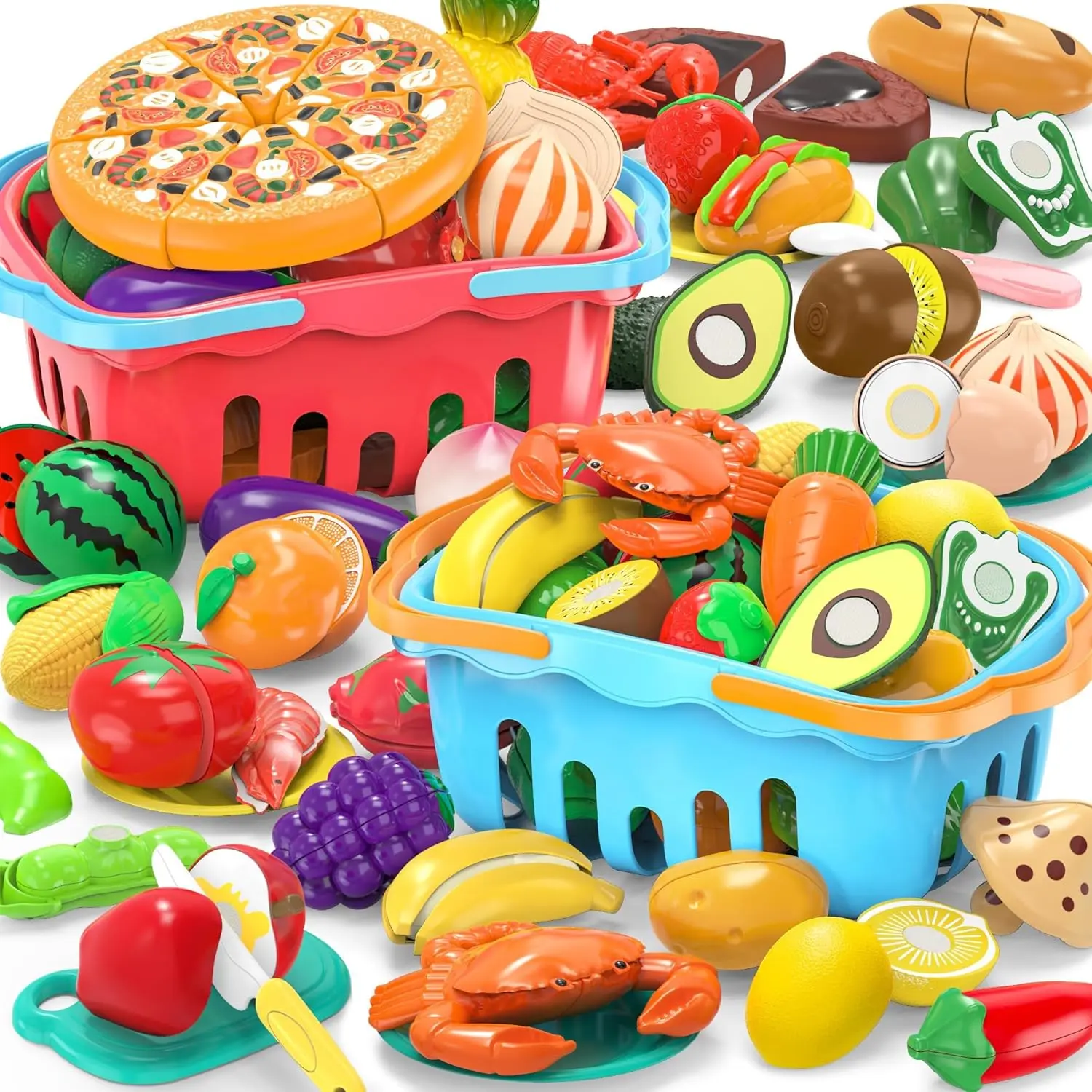120 Pcs Cutting Play Food Toy for Multiple Kids with 2 Colors Storage Baskets, Kitchen Pretend Food Set for Toddler, Kitchen Toys Accessories, Fake Food/Fruit/Vegetable, Birthday Gifts for Boy Girlfidget toys
