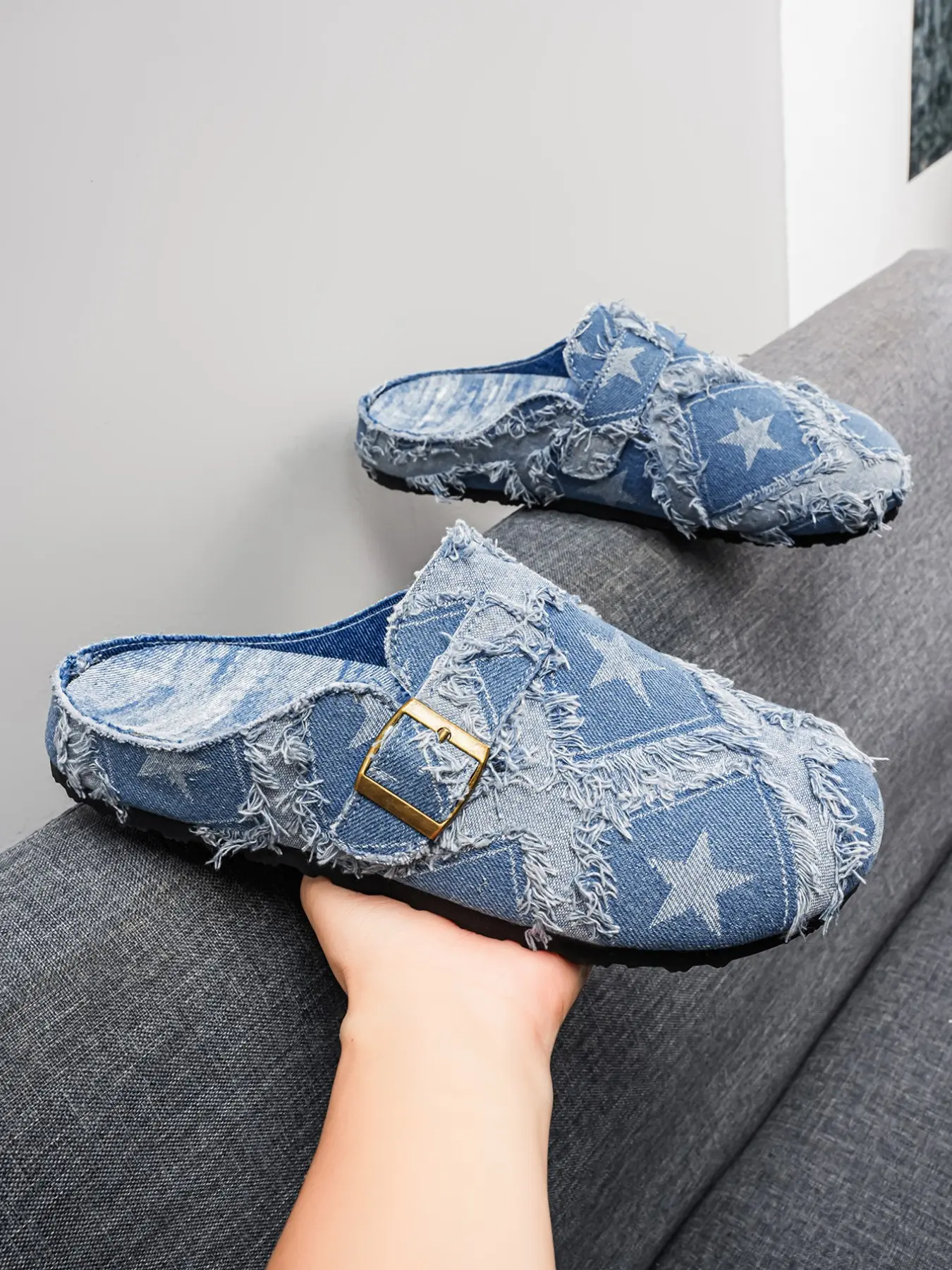 Men's Mules Summer New Denim Slip-On Shoes, Casual Clogs, Trendy Minimalist Colorblock Design, Comfortable Breathable Rubber Sole, All-Season Casual Footwear