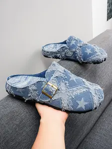 Men's Mules Summer New Denim Slip-On Shoes, Casual Clogs, Trendy Minimalist Colorblock Design, Comfortable Breathable Rubber Sole, All-Season Casual Footwear
