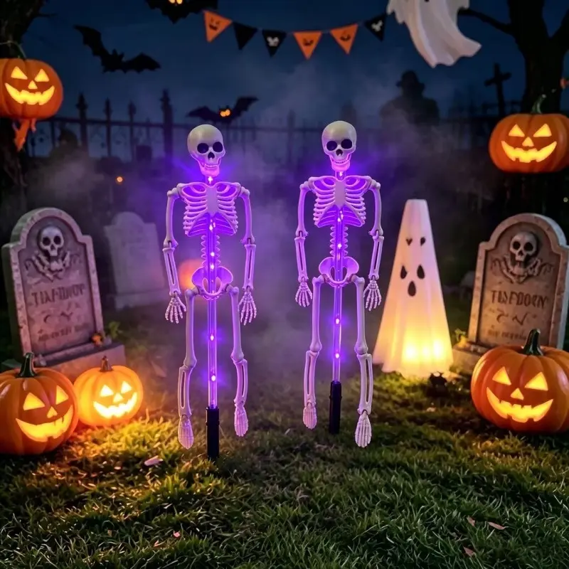 Solar Skeleton Yard Stake Halloween Decorations Purple Glow LED Waterproof Outdoor Garden Hanging Light Realistic Creepy 3D Skull Ornament Lamp for Lawn Pathway Patio Porch Graveyard Party Display