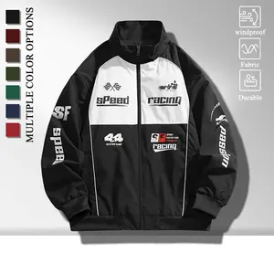 Fashion Racing Pattern Printed Men Windproof Outer Jacket, High Neck Full Zip Casual Daily Jacket with Side Storage Pockets, Elastic Rib Cuffs Hem Lightweight Street Sports Travel Jacket for Men, Various Timeless Color Tones to Match Different Outfits