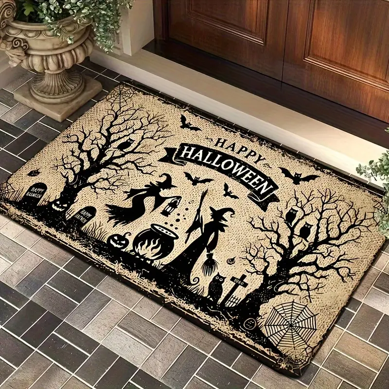 Halloween Gothic Anti-Slip Doormat - Classic Patterned, Evil Old Witch, Bat, Scary Tree, Tombstone Designs - Absorbent Indoor Entry Carpet with Anti-Slip Base for Home Decor