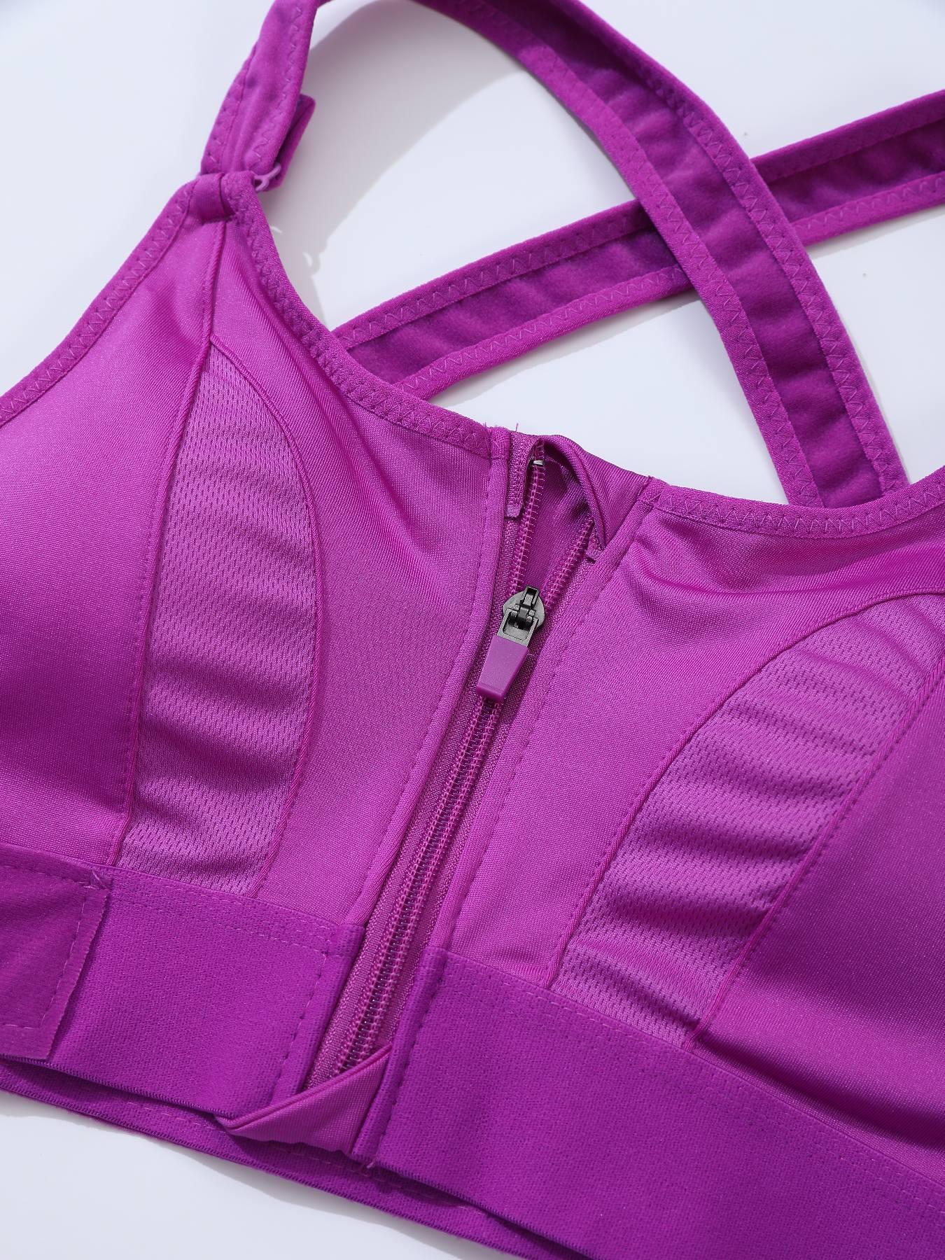 【Plus Size】 Criss Cross Zip Front Sports Bra, Solid Color Breathable Comfortable Athletic Bra, Women's Sport & Outdoor Clothing for Indoor Outdoor Wear
