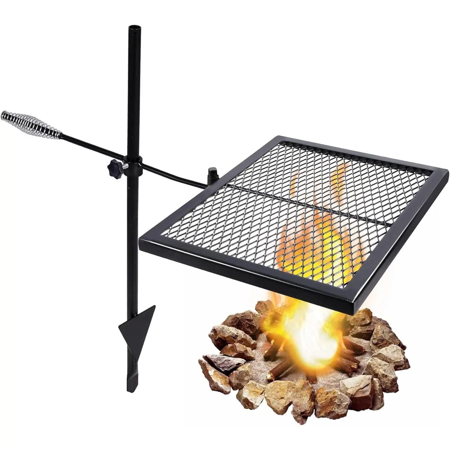 Rotatable Metal Barbecue Grill Grate, Adjustable Height Heavy-Duty Steel Open Fire Grill Rack with Carrying Bag, Outdoor Camping BBQ Accessory, Rectangle Black