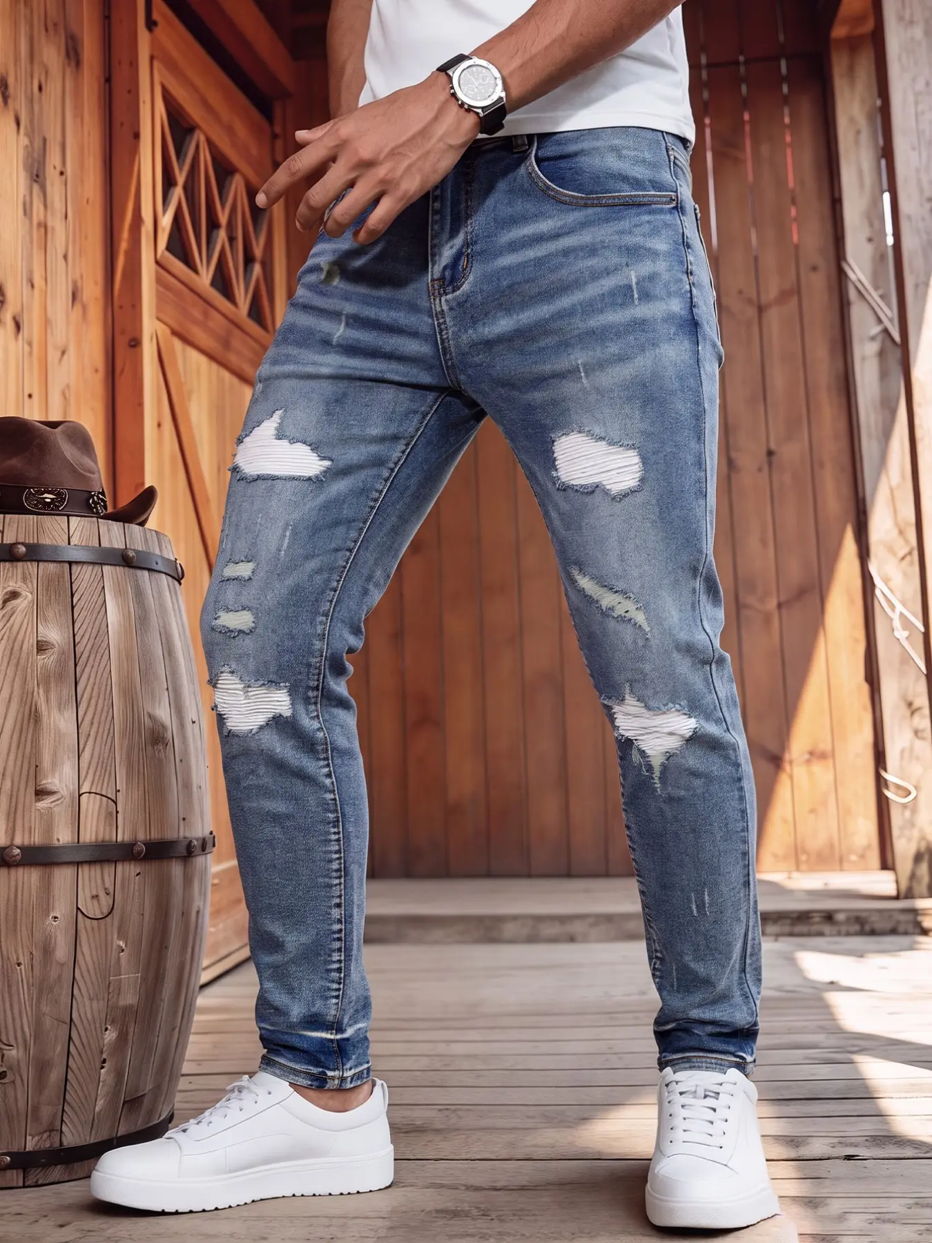 Men's Blue Tight-Fit Jeans, Slim Fit Skinny Style, Vintage Washed Ripped Design, Casual Stretch Denim Jeans, All-Season Wear