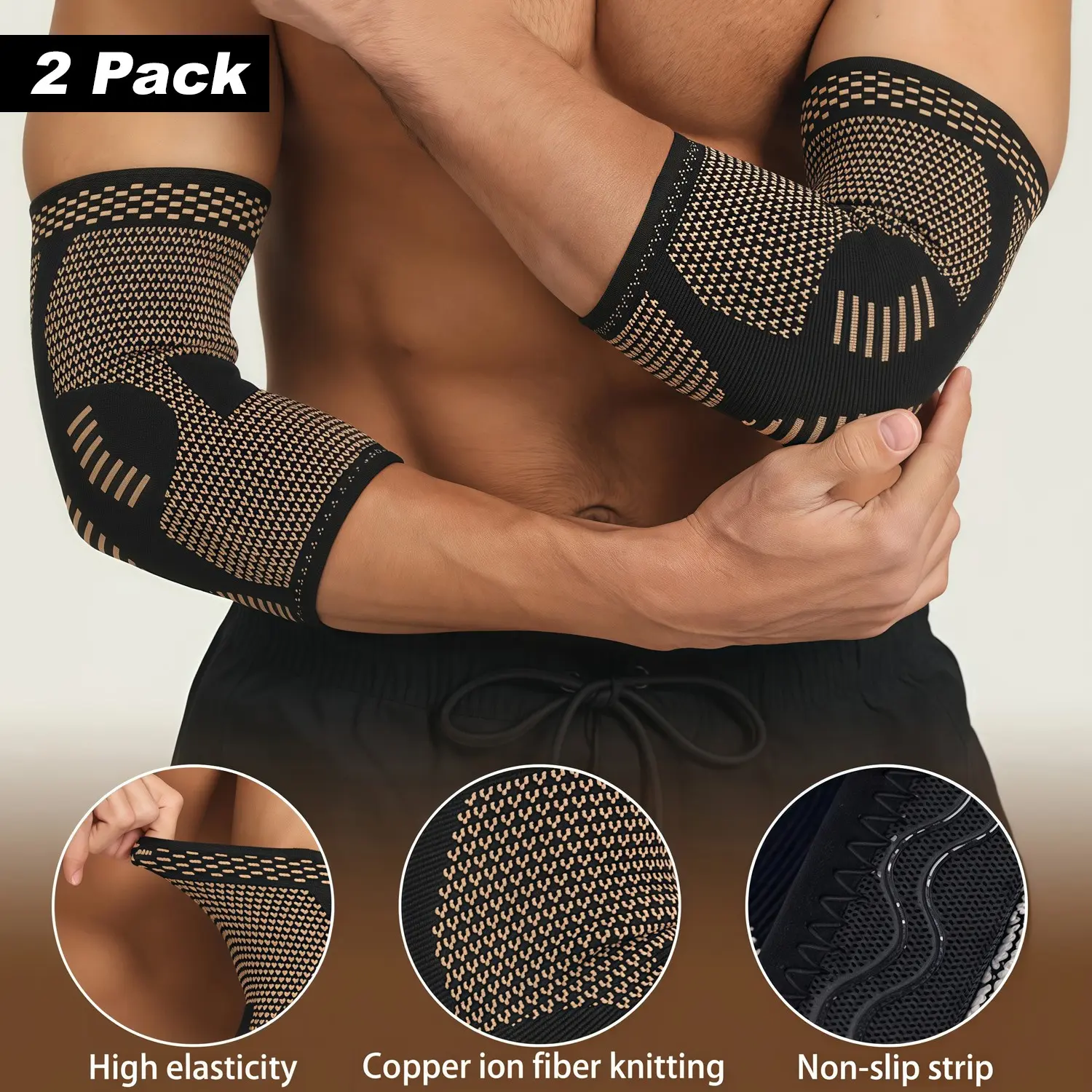 2PCS Copper Fiber Elbow Brace for Men & Women - Arm Compression Sleeves Elbow Support for Tennis Elbow, Arthritis, Golfer, Warmth, Weightlifting, Fitness Elbow Wraps
