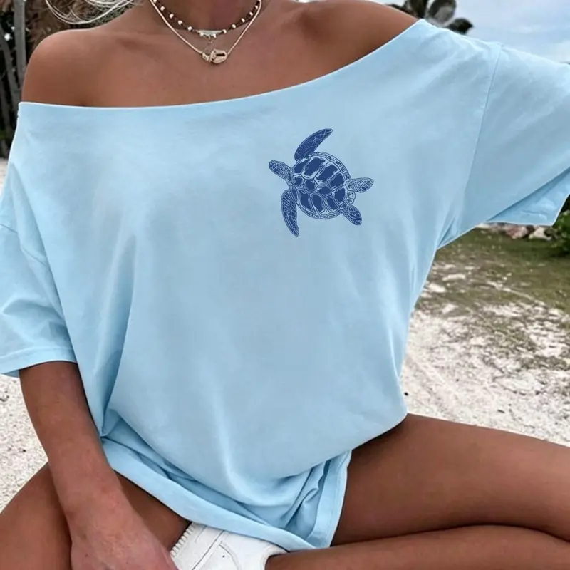 Oceanic Turtle Print Off-Shoulder Loose Fit Women's Summer T-Shirt Beach Style Casual Short Sleeve Top, Boho Beach Fashion