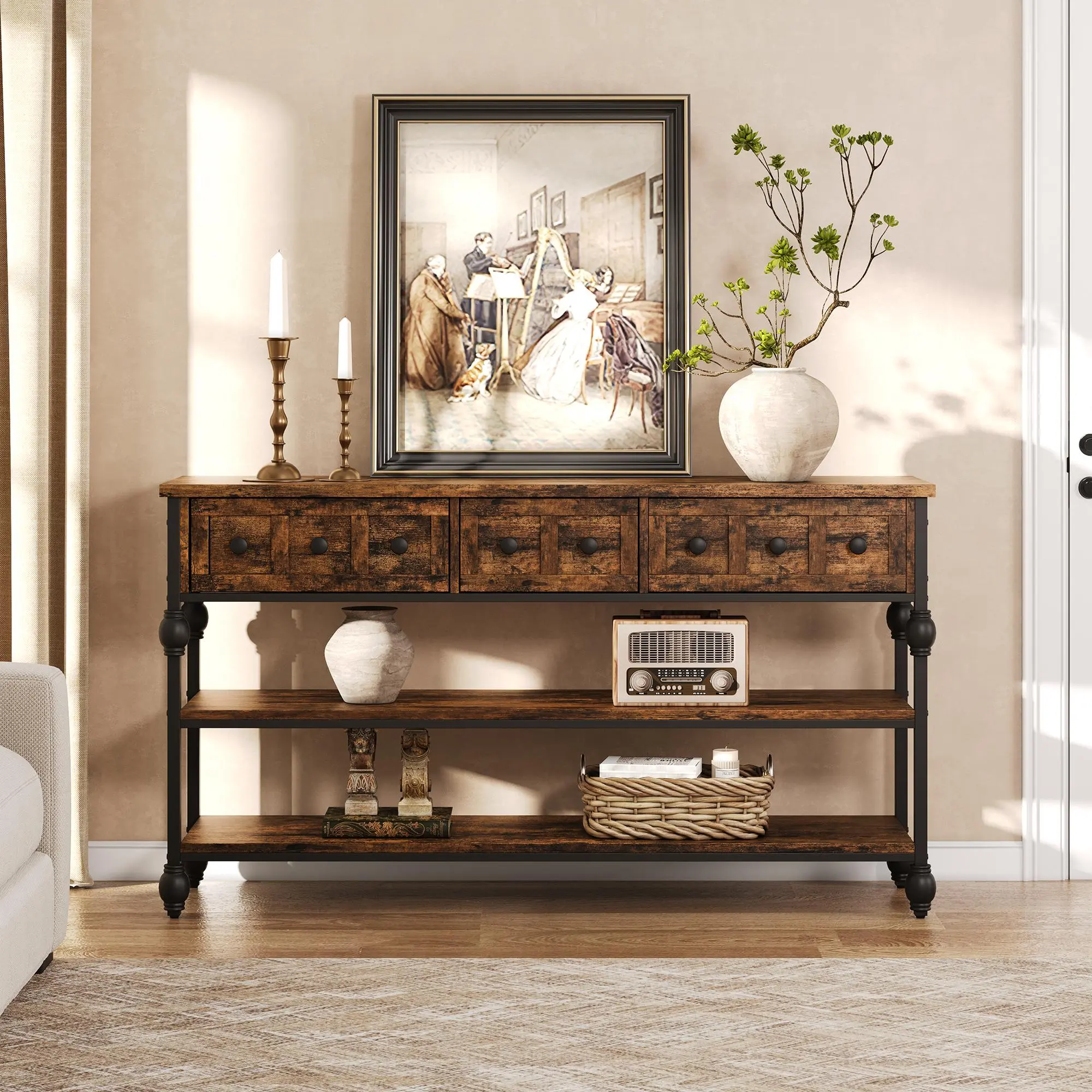 Gaomon 52.5-Inch Retro Console Table with 3 Drawers, 3-Tier Industrial Metal Frame & Roman Legs (Column Base) for Entryway, Living Room