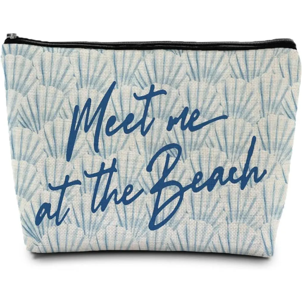 Blue Seashell Coastal Beach Makeup  Bag for Women, Beach Lover Gifts, Meet Me at The Beach Nautical  Beachy Portable Travel Toiletry Bag Zipper Makeup Pouch